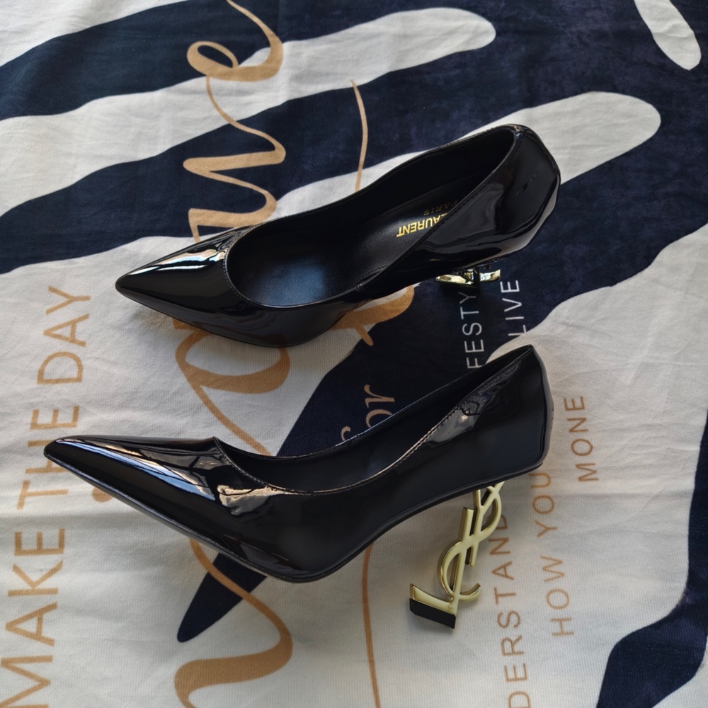 Saint Laurent Black Patent Pointed-Toe Heels with Gold YSL Logo Heel - Picture 4 of 12